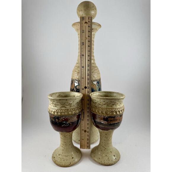 Leon Kula Studio Art Pottery Stoneware Decanter 2 Wine Goblets Signed Vintage - Picture 7 of 8
